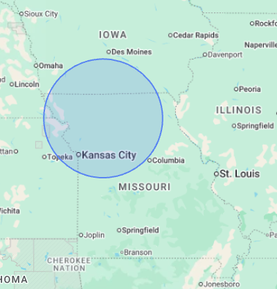 Map showing the Missouri Shed Movers service area, centered on Kansas City and covering north Missouri and surrounding areas